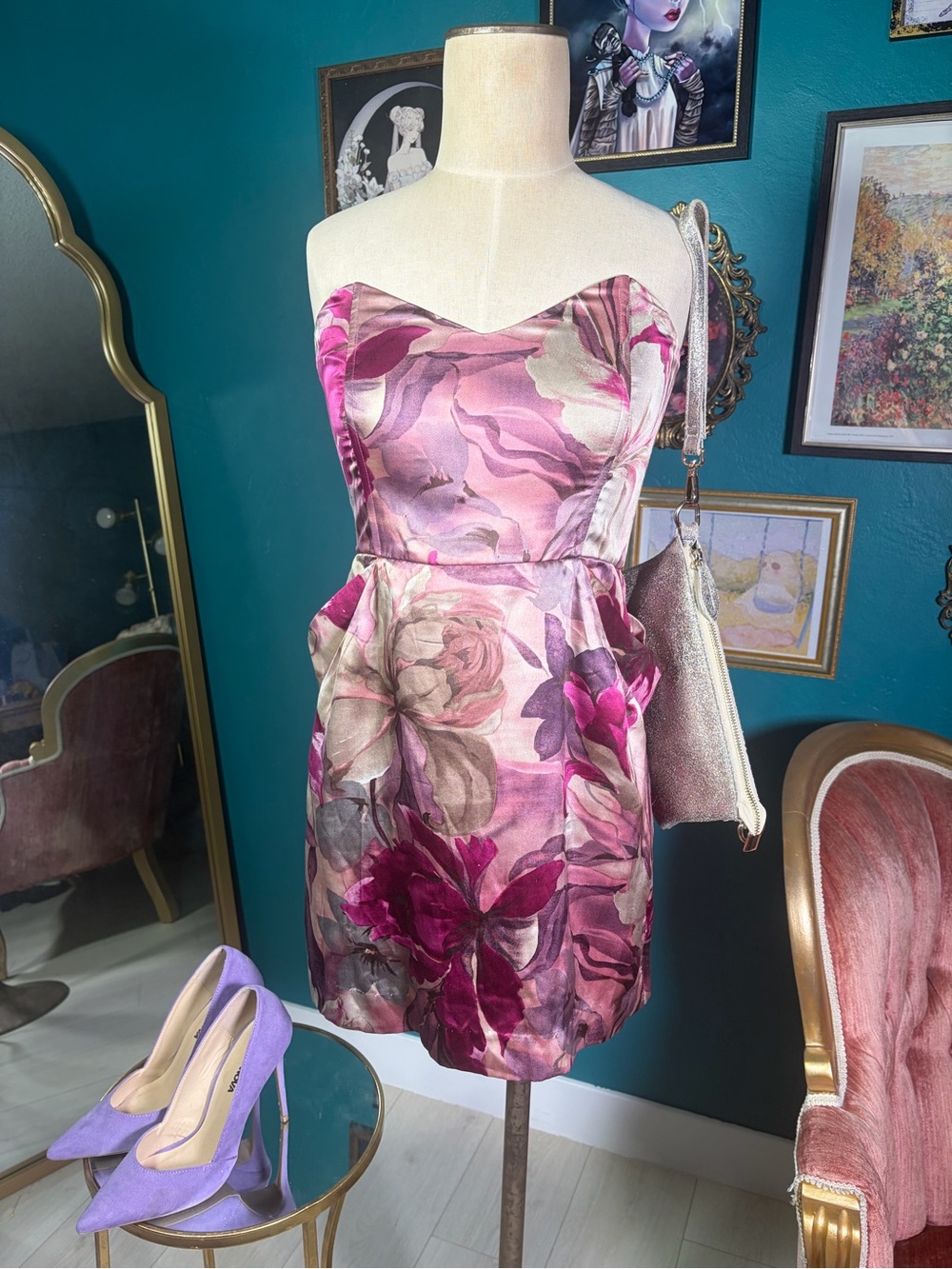 Mason Pink Purple Floral 100% Silk Boned Cocktail Mini Dress Size 4
